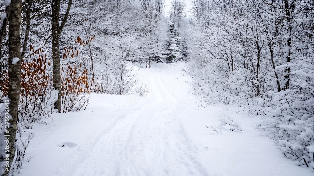 Obraz premium Winter wonderland scene featuring a snowy trail winding through a serene forest landscape : Generative AI