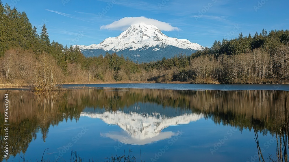 Serene Lake Reflecting a SnowCapped Mountain Peak under a Clear Blue Sky Serene Lake Reflecting a SnowCapped Mountain Peak under a Clear Blue Sky