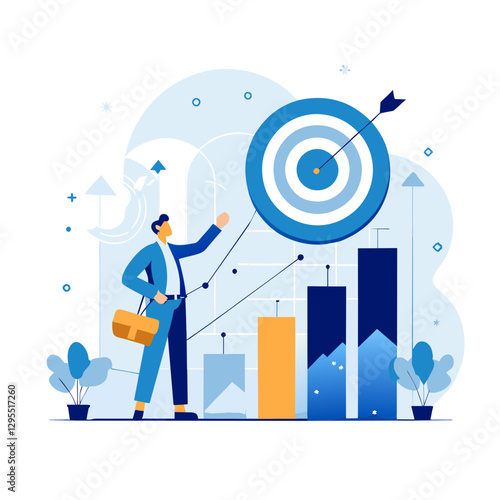 A businessman in a blue suit and carrying a brown briefcase is guiding a target towards success, with graphic elements of business growth charts.