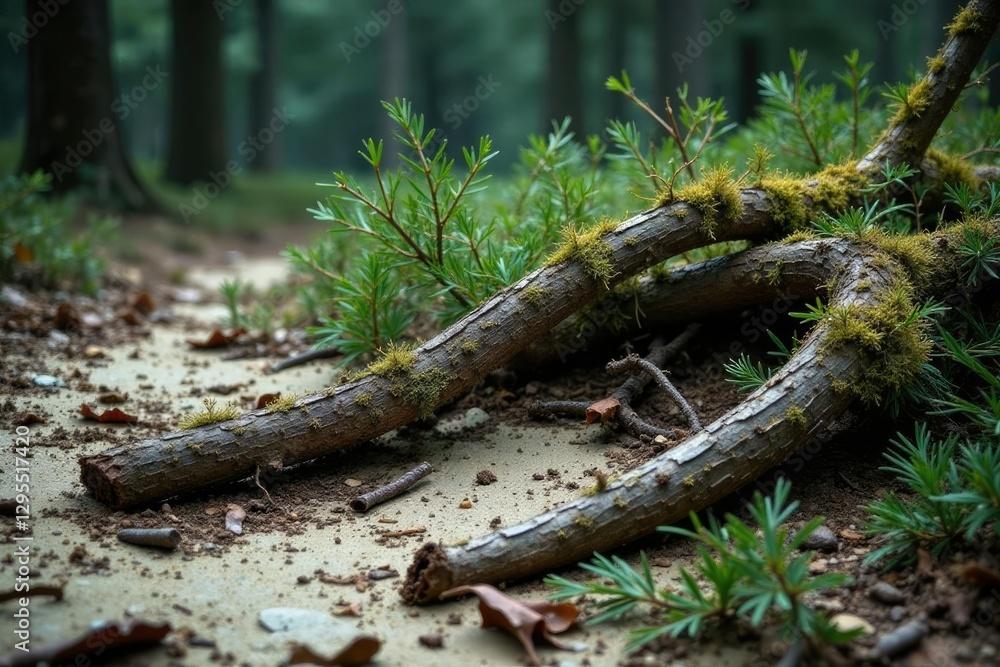 Fragile spruce limbs strewn across a tattered sackcloth ground, sackcloth, decay, limbs Fragile spruce limbs strewn across a tattered sackcloth ground, sackcloth, decay, limbs
