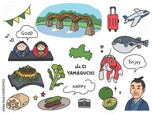 山口の手描きイラストセット