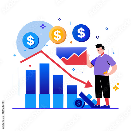 Financial downturn visualized by a man observing falling charts and money symbols in a flat design illustration.