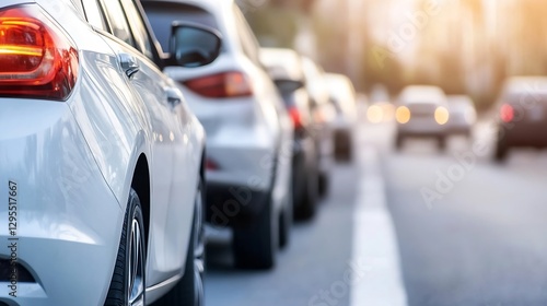 Wallpaper Mural Modern cars parked in a row on a city street during twilight hours : Generative AI Torontodigital.ca