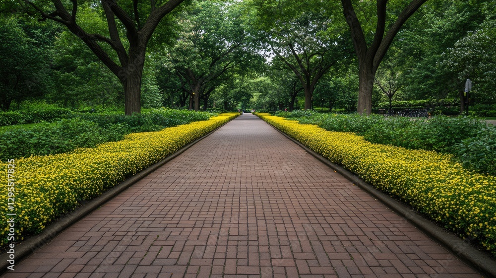 Obraz premium A straight path with symmetrical plants creating a modern look.