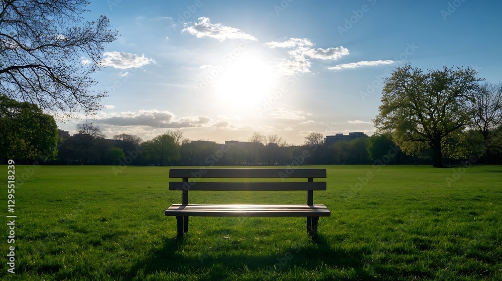 Elegant park bench under a radiant sunrise in a spacious green field creating a serene atmosphere for relaxation : Generative AI Elegant park bench under a radiant sunrise in a spacious green field creating a serene atmosphere for relaxation : Generative AI