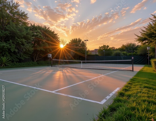 Tennis court at sunset with beautiful sky and lush surroundings near a city park