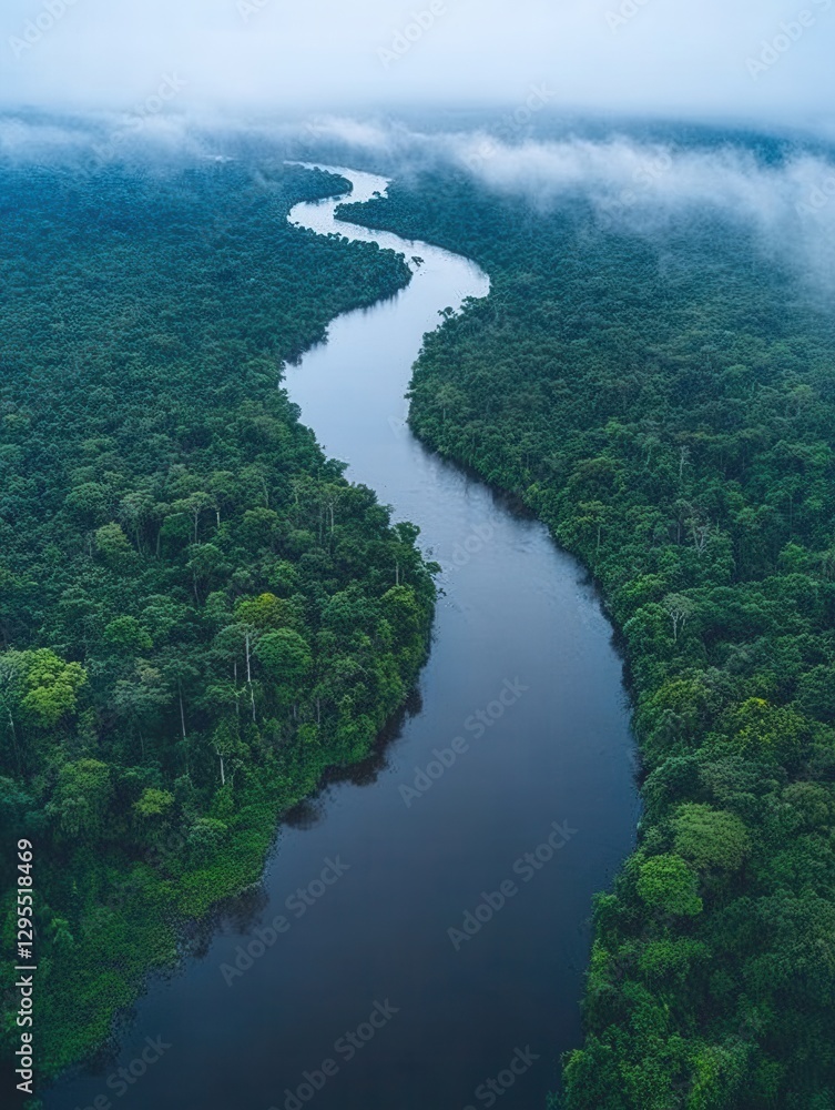 Serene Amazon River Flowing Through Lush Green Rainforest Canopy Under a Misty Sky Aerial View Serene Amazon River Flowing Through Lush Green Rainforest Canopy Under a Misty Sky Aerial View