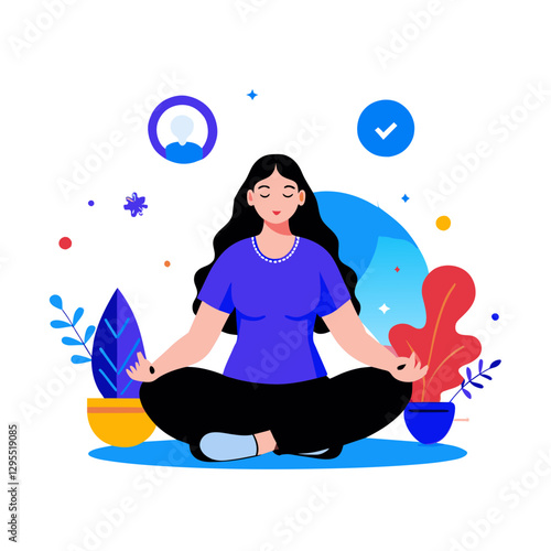 Relaxed female professional meditating in a modern setting. Woman in a comfortable pose, at home or in a office with various plants and colors.