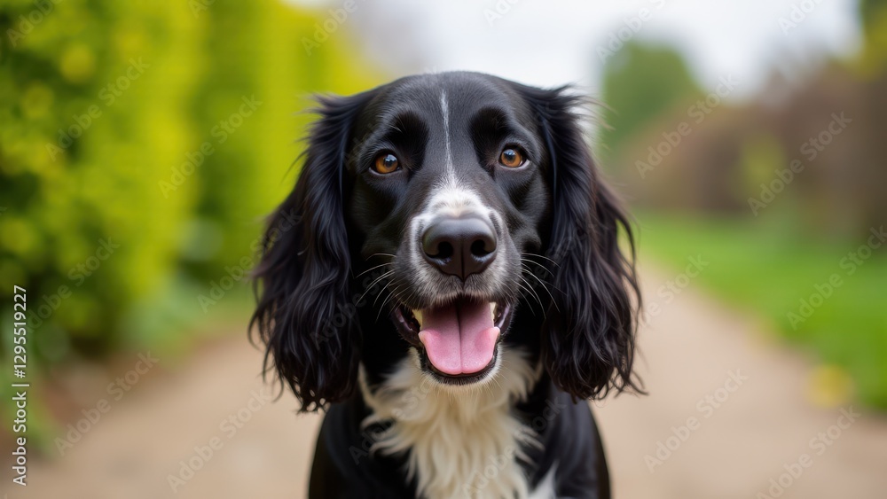 A sprocker spaniel with black and white fur is sitting on a path with greenery in the background. A sprocker spaniel with black and white fur is sitting on a path with greenery in the background.