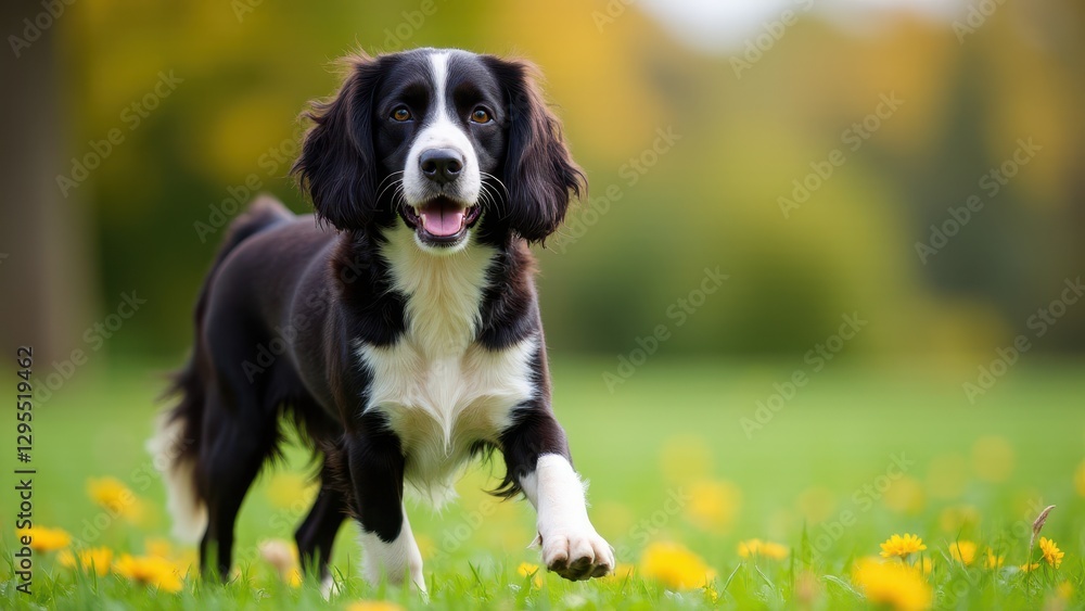 A sprocker spaniel stands on a grassy field with yellow flowers in the background.