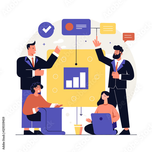 Business professionals in formal wear during a presentation in a meeting room. Presenters gesturing with diagrams and graphs on a meeting board.