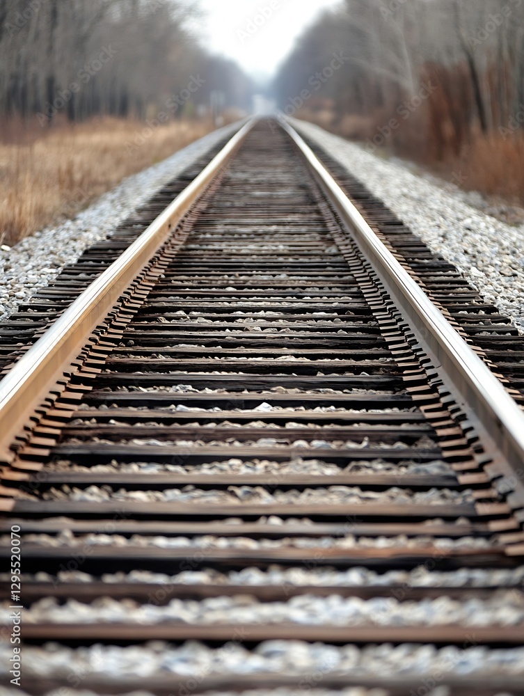 Closeup perspective of an empty railway track stretching into the horizon with trees on either side : Generative AI Closeup perspective of an empty railway track stretching into the horizon with trees on either side : Generative AI