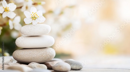 Zen Stone Stack with Flower on Naturally Decorated Surface : Generative AI
