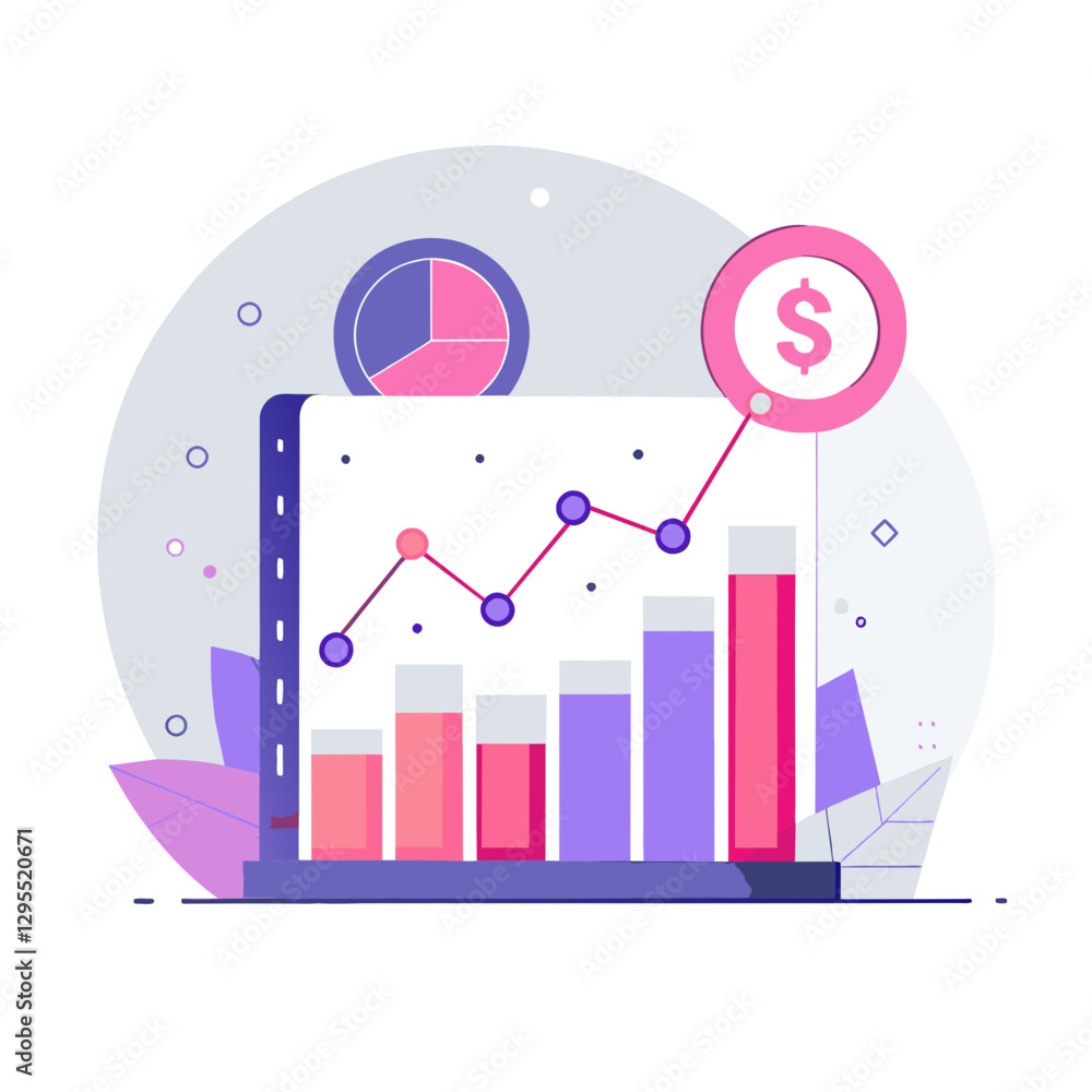 Naklejka premium Financial growth displayed on a digital presentation with rising bar graphs and a pie chart. Trendy visuals show positive financial outcomes in a modern, clean design.