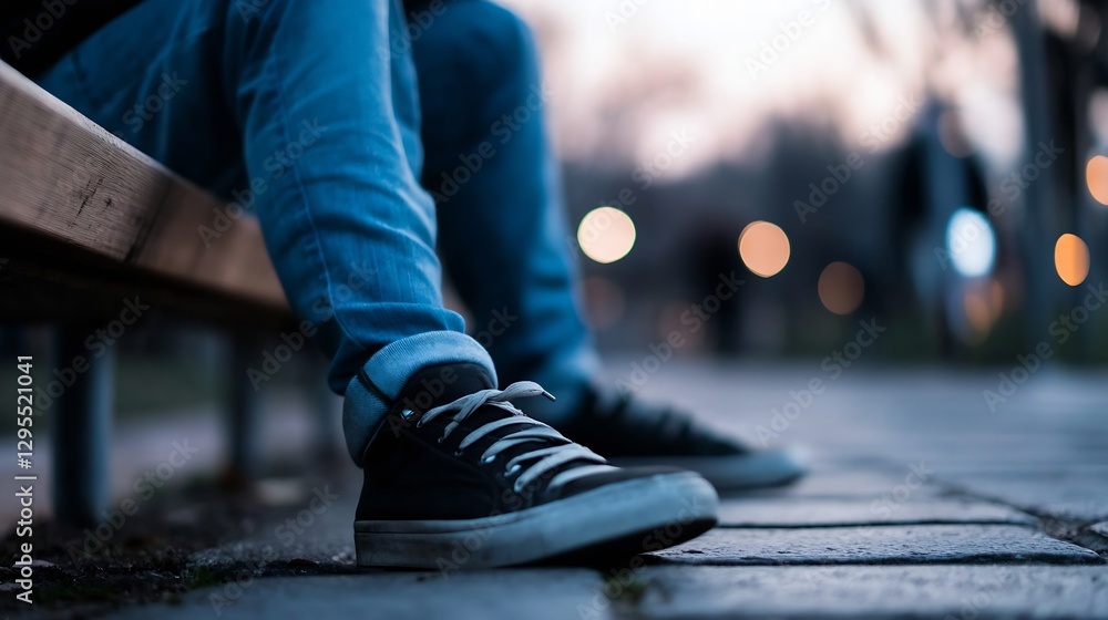 Casual Sneakers on Bench with Blurred Park Background at Twilight : Generative AI Casual Sneakers on Bench with Blurred Park Background at Twilight : Generative AI