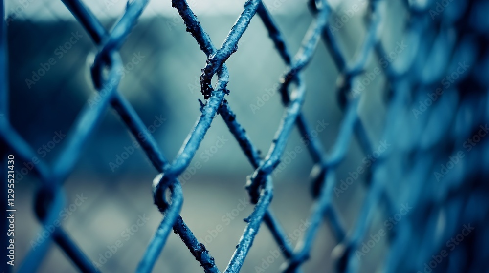 Fototapeta premium Close Up of Blue Chain Link Fence with Shiny Metal Links and Outdoor Background : Generative AI