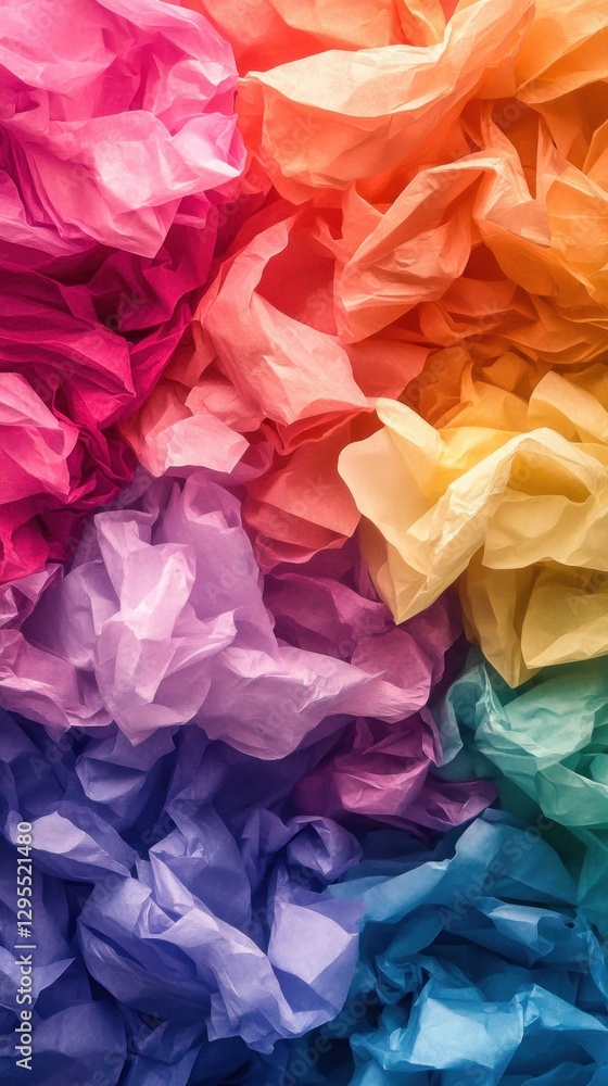 A vibrant and colorful arrangement of crumpled tissue paper in a gradient of hues from pink to purple, creating a visually appealing backdrop for creative projects A vibrant and colorful arrangement of crumpled tissue paper in a gradient of hues from pink to purple, creating a visually appealing backdrop for creative projects
