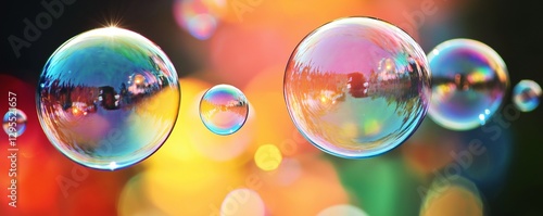 Vivid bubbles resting on reflective surface, detailed rainbow reflections.