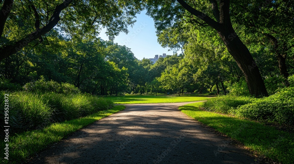 Fototapeta premium A winding paved path through a lush green park setting