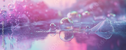Vivid bubbles resting on reflective surface, detailed rainbow reflections.