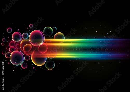 Vivid floating bubbles with rainbow reflections, dark background.