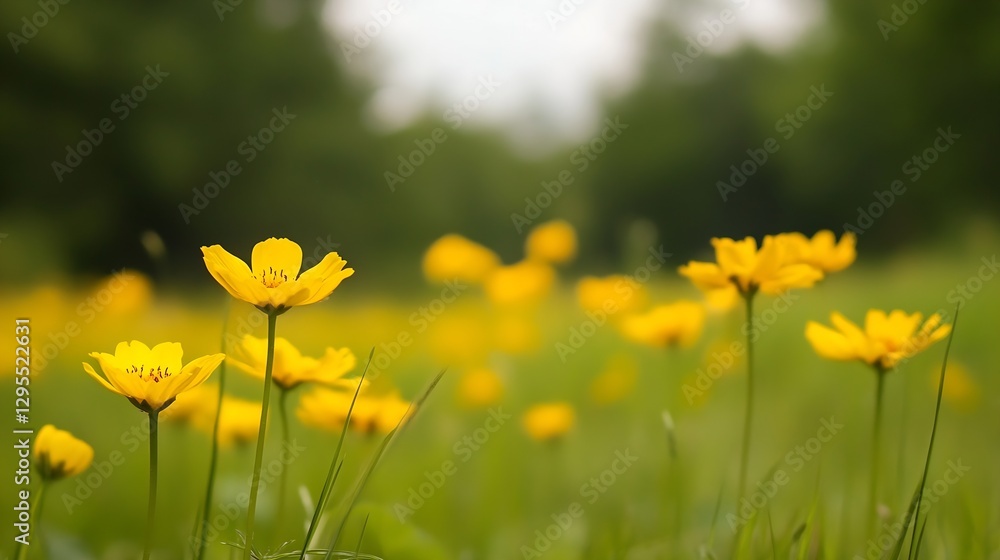 Bright yellow flowers blooming in a lush green meadow underneath a clear sky : Generative AI Bright yellow flowers blooming in a lush green meadow underneath a clear sky : Generative AI