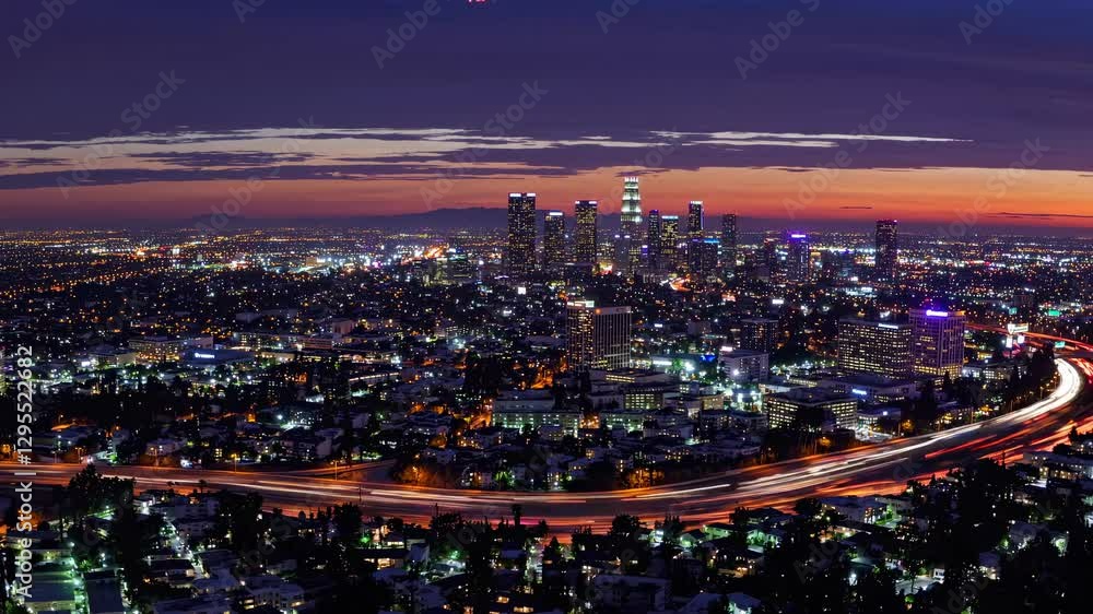 Aerial view of a cityscape at dusk, showcasing vibrant lights and a dynamic skyline. Perfect for a time-lapse video capturing urban energy. Aerial view of a cityscape at dusk, showcasing vibrant lights and a dynamic skyline. Perfect for a time-lapse video capturing urban energy.