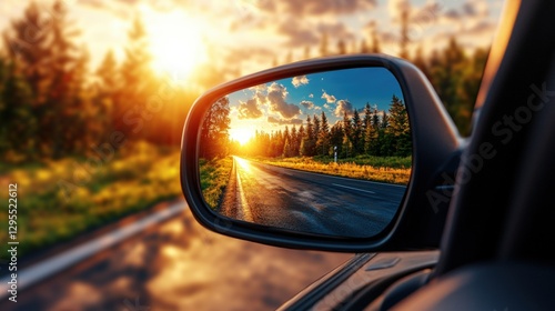 Close up of a cars side mirror and rear view mirror reflecting the road and surroundings