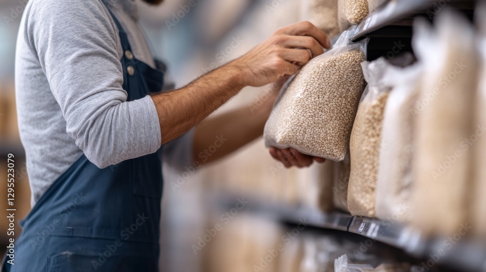 close-up of a store employee restocking bags of rice, adjusting the rows to ensure even spacing on the shelves close-up of a store employee restocking bags of rice, adjusting the rows to ensure even spacing on the shelves