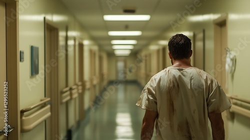 Wallpaper Mural Man Walking Alone in Dimly Lit Hospital Corridor with Grime on His Scrubs : Generative AI Torontodigital.ca