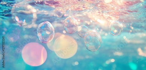 Vivid iridescent liquid bubbles floating in crystal-clear water under soft sunlight.