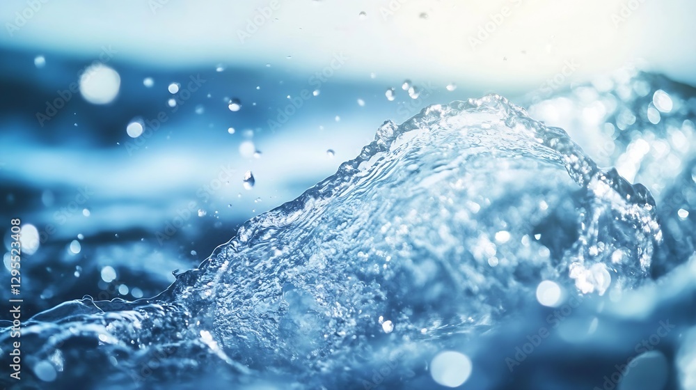 Captivating close up of water waves with droplets and sunlight reflecting on the surface : Generative AI Captivating close up of water waves with droplets and sunlight reflecting on the surface : Generative AI