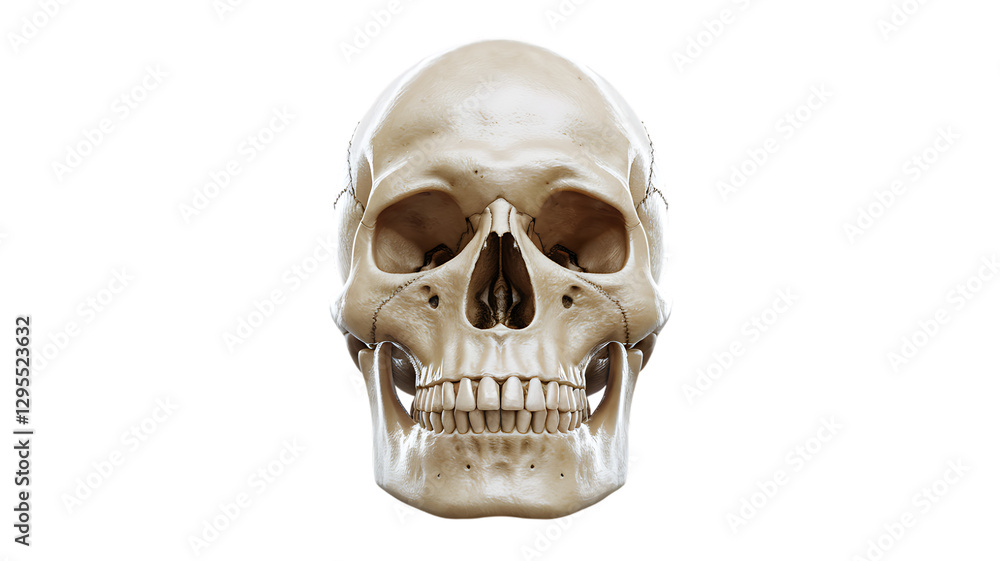A detailed 3D render of a human skull, front view, against a black background. Shows bone structure, teeth, and facial features. Medical illustration quality. A detailed 3D render of a human skull, front view, against a black background. Shows bone structure, teeth, and facial features. Medical illustration quality.