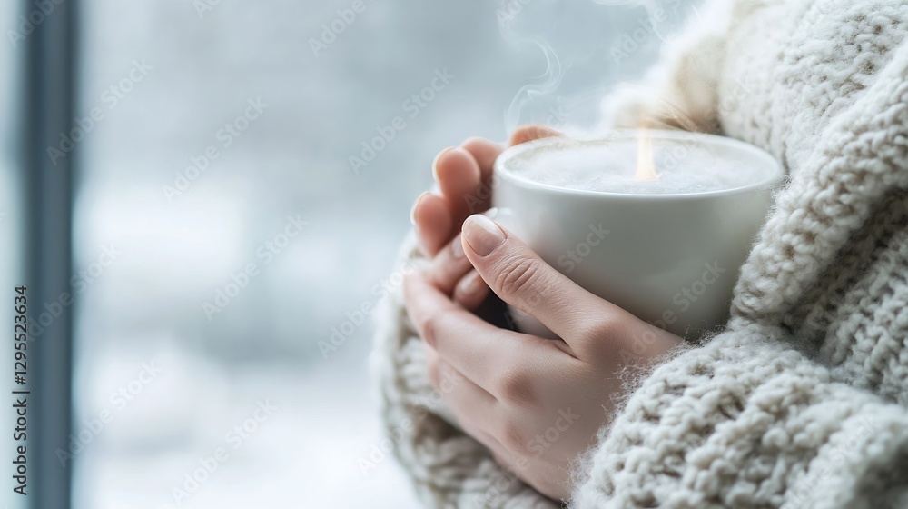 Warm hands holding a steaming cup of creamy hot beverage while wearing cozy knit sweater indoors : Generative AI Warm hands holding a steaming cup of creamy hot beverage while wearing cozy knit sweater indoors : Generative AI