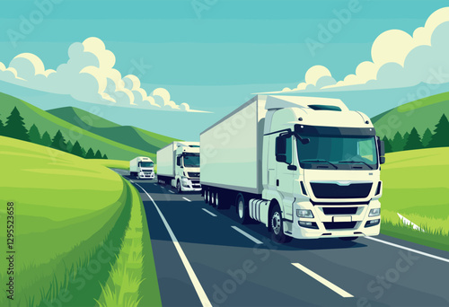 Convoy of Semi-Trucks on Scenic Road
