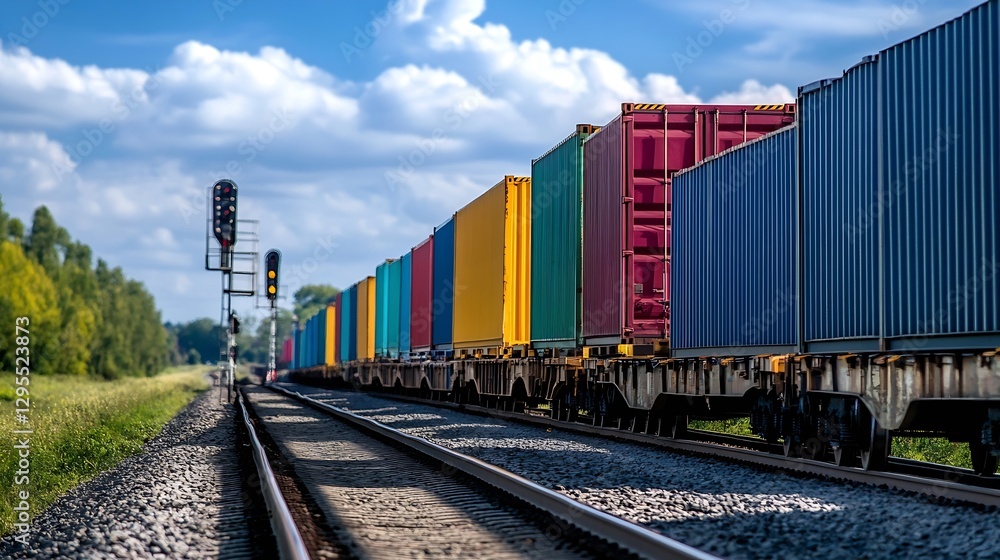 Fototapeta premium Colorful freight train loaded with containers passing through a green landscape under blue skies : Generative AI