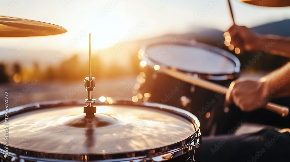 Obraz premium Dynamic Drumming Performance Captured at Sunset with Beautiful Golden Light : Generative AI