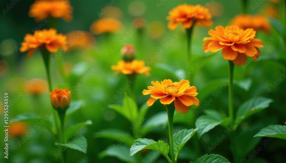 Lush green foliage supporting bright orange blooms, garden, green Lush green foliage supporting bright orange blooms, garden, green