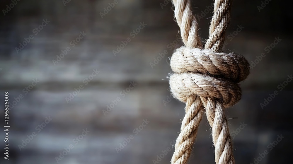Fototapeta premium Detailed close up of a strong rope knot showcasing craftsmanship and texture on a rustic background : Generative AI