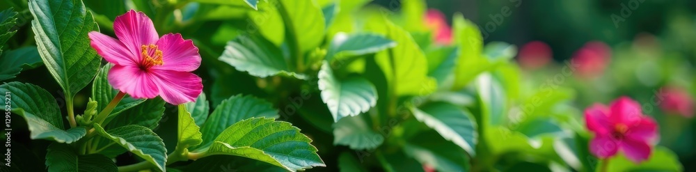 Lush green foliage with bright pink flowers in a garden, green leaves, Lush green foliage with bright pink flowers in a garden, green leaves,