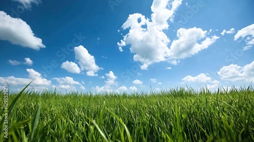 Expansive Grassy Field Under a Bright Blue Sky with Fluffy Clouds on a Sunny Day : Generative AI photo