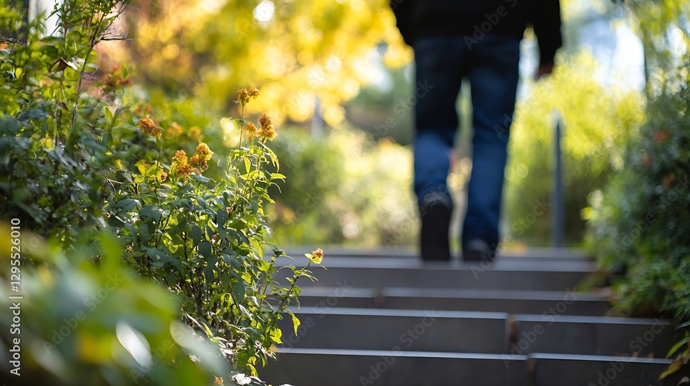 Fototapeta premium Person Walking Along a Beautiful Garden Path Surrounded by Colorful Flowers in Natural Light : Generative AI