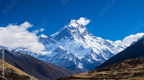 Majestic SnowCapped Peak of a Exceptional Mountain Range Crowned by a Bright Blue Sky : Generative AI photo