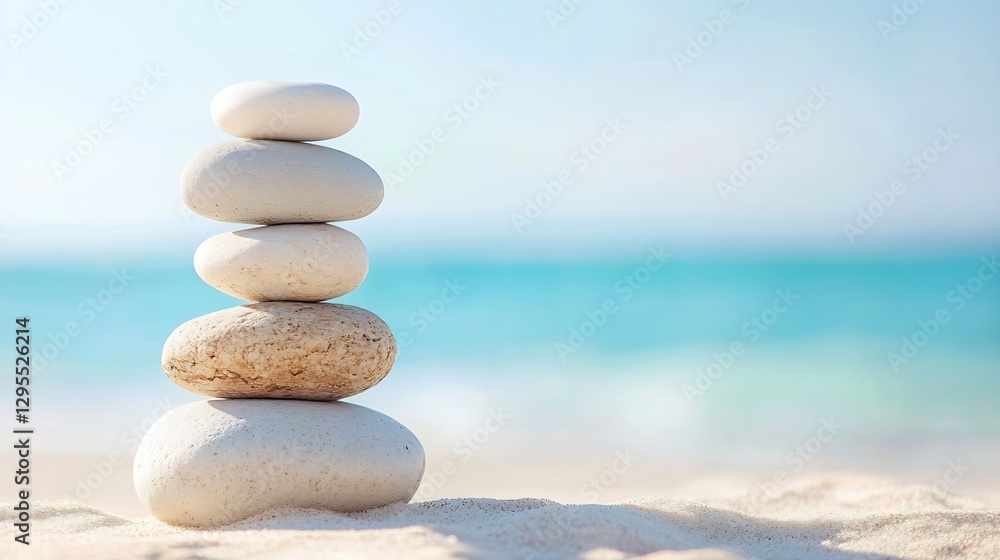 Stacked smooth stones on a sandy beach with a serene ocean background : Generative AI Stacked smooth stones on a sandy beach with a serene ocean background : Generative AI