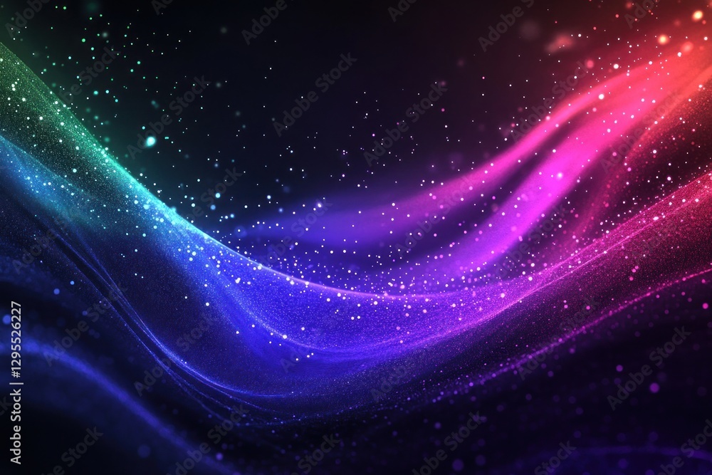 Obraz premium A vibrant abstract background featuring flowing waves of colorful light with sparkling particles, creating a dynamic and energetic atmosphere suitable for digital design projects