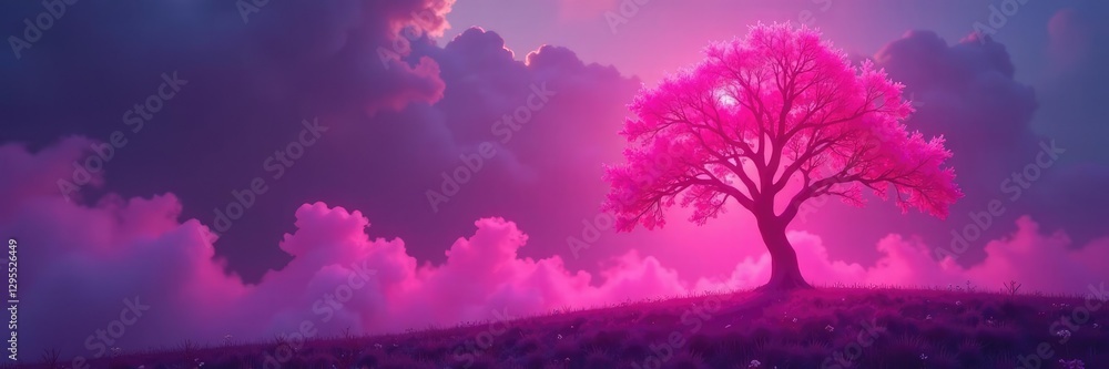 Pink mist swirling around a mystical, glowing tree, hot pink, surreal, glowing tree Pink mist swirling around a mystical, glowing tree, hot pink, surreal, glowing tree