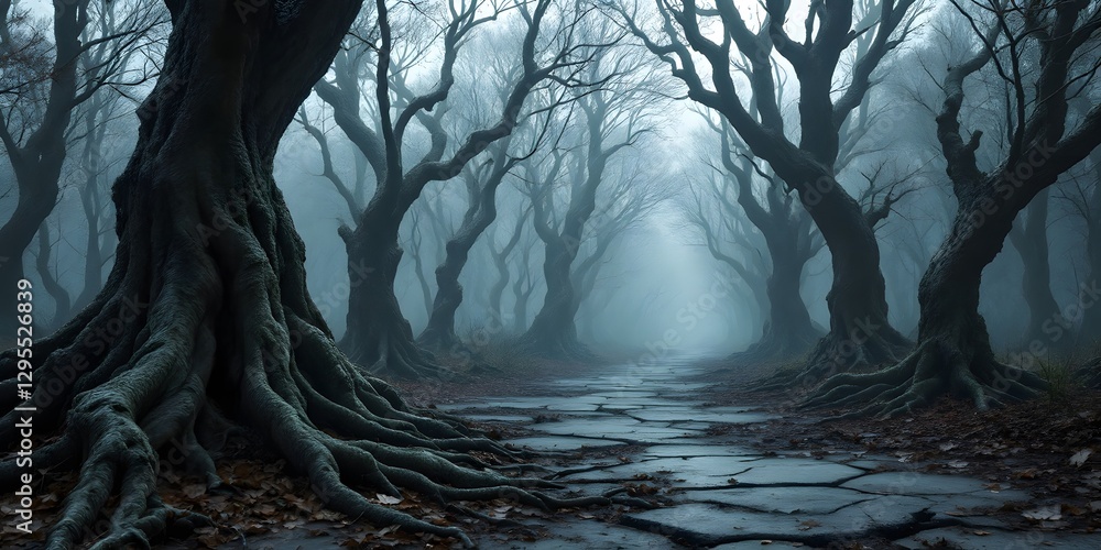 Naklejka premium Eerie Foggy Forest Path with Ancient Trees