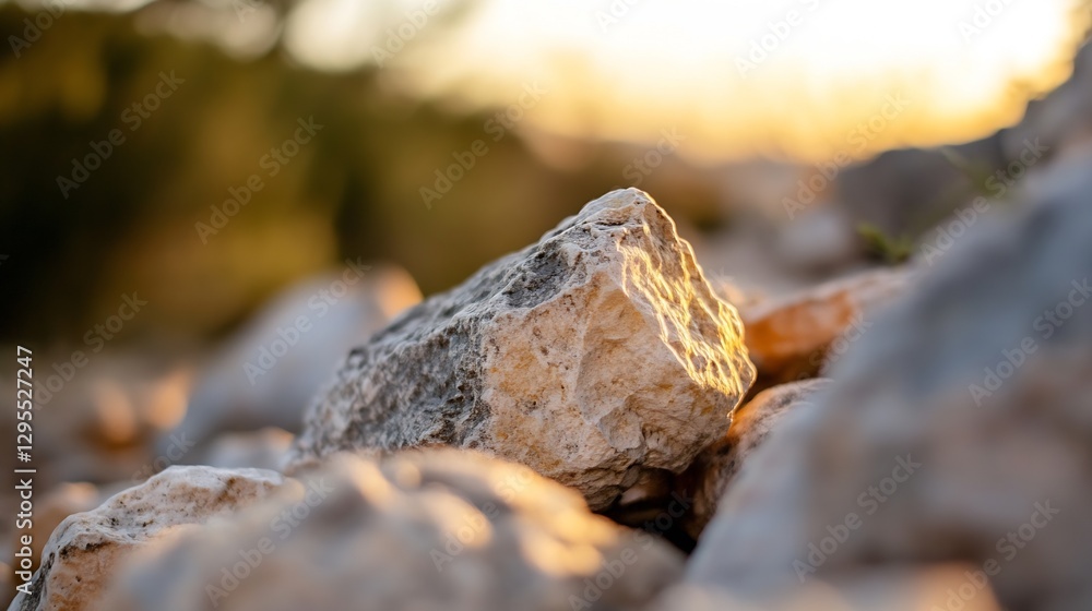 Close up of a weathered rock among pebbles in a serene outdoor setting : Generative AI