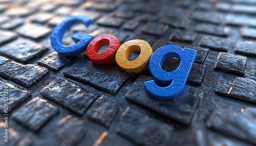 The Google logo rendered on textured stone tile surface