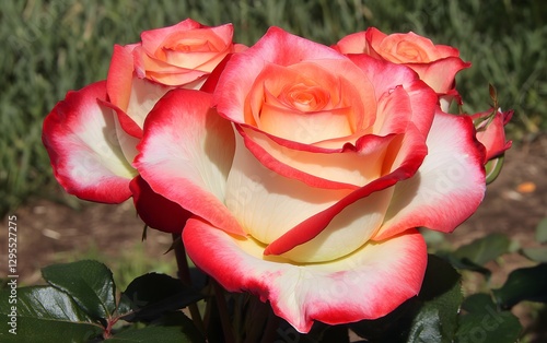 Stunning Red and White Hybrid Tea Roses Closeup